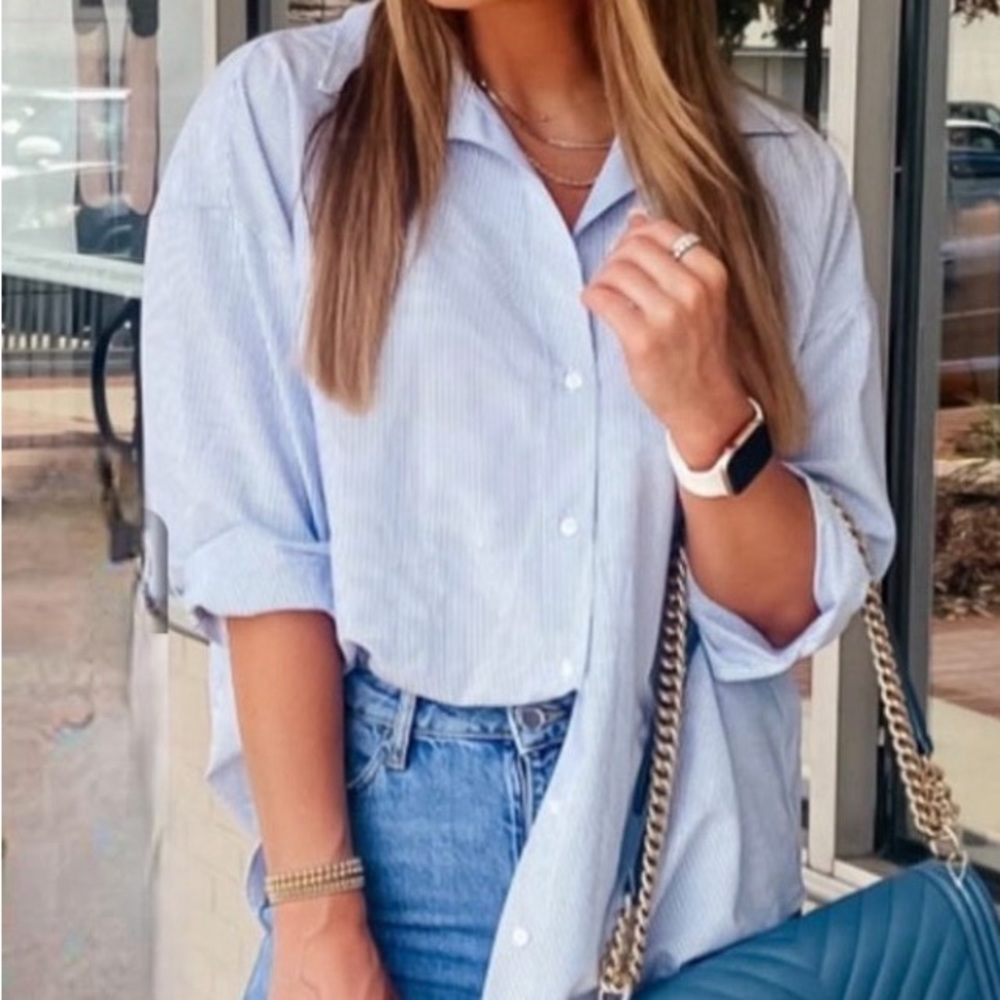 Zara blue & white striped over sized button down blouse